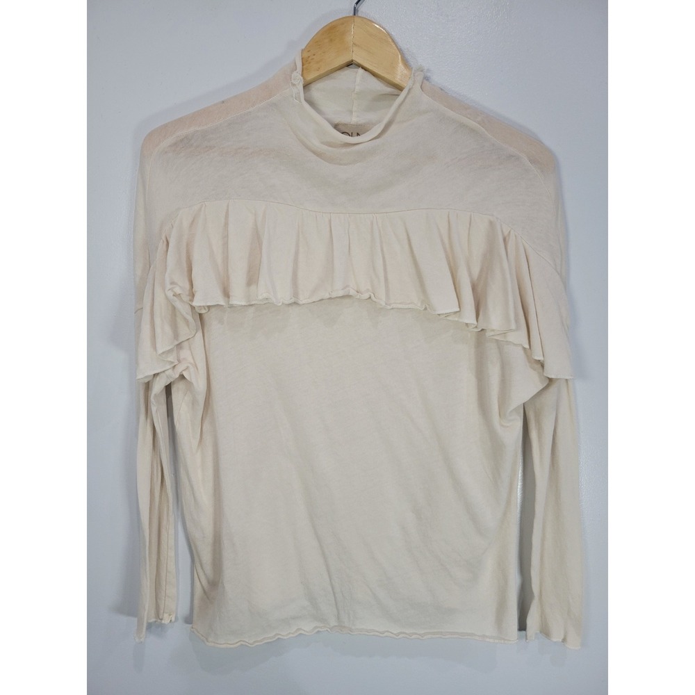 Chaser Womens Cream‎ Ruffle Mock Neck Long Sleeve Top Size M Lettuce Hem Jersey